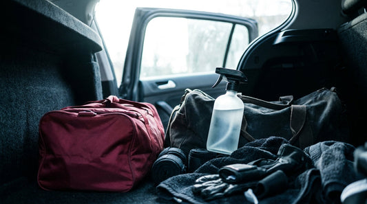 A rinse-free mist bottle on a kit bag in a car boot after training