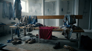 Post-match rugby changing room with discarded muddy kit - the golden 20-minute hygiene window after a match