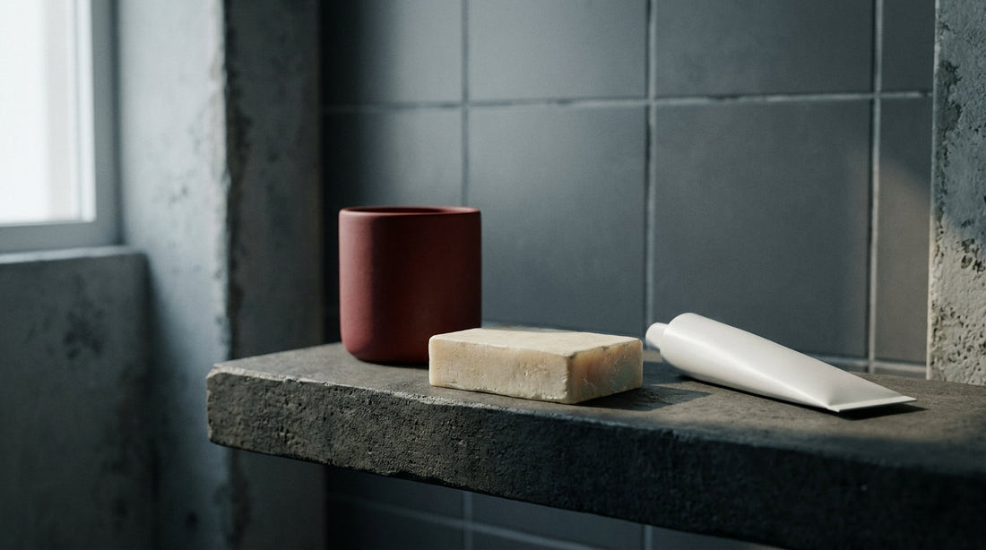 Ringworm vs eczema: gentle skincare and natural soap on a clean shelf