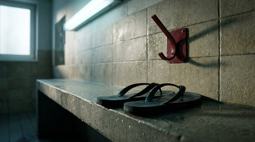 Flip flops at the edge of a communal rugby shower - avoiding athlete's foot and locker room skin infections