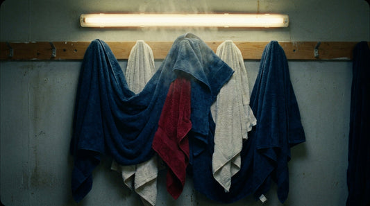 Multiple rugby towels hanging together on a shared peg rail - why sharing towels and razors spreads infection