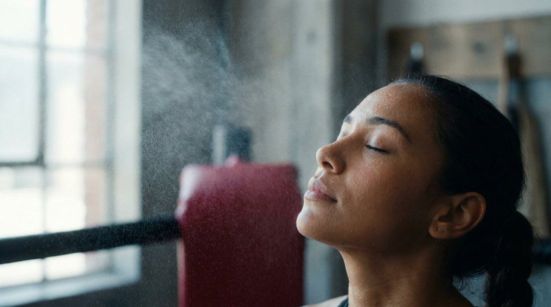 Woman with eyes closed enjoying a cooling facial mist on flushed warm skin