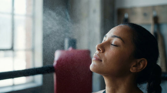 Woman with eyes closed enjoying a cooling facial mist on flushed warm skin