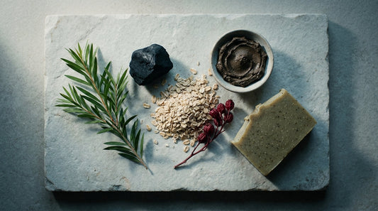 Flat-lay of sports soap ingredients: tea tree, charcoal, oatmeal and mud