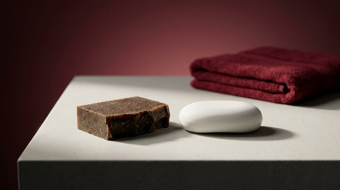 A natural sports soap bar next to a plain generic soap bar