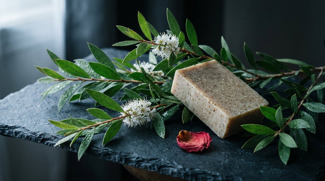 Tea tree branches and natural soap bar on dark stone - ingredients for grapplers