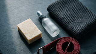 Hero flat-lay of a sports soap bar and rinse-free mist system