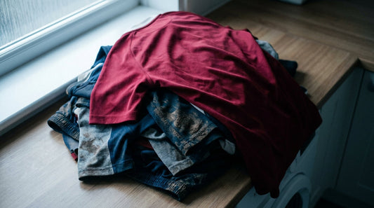 Stack of muddy rugby jerseys on a laundry room surface - how to wash rugby kit and remove permanent smell