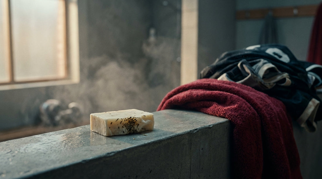 Natural athlete soap bar resting in a locker room shower after BJJ training