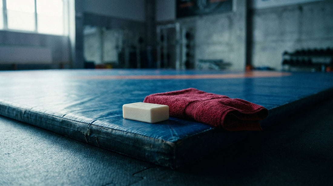 Natural soap bar and crimson towel at the edge of a wrestling mat